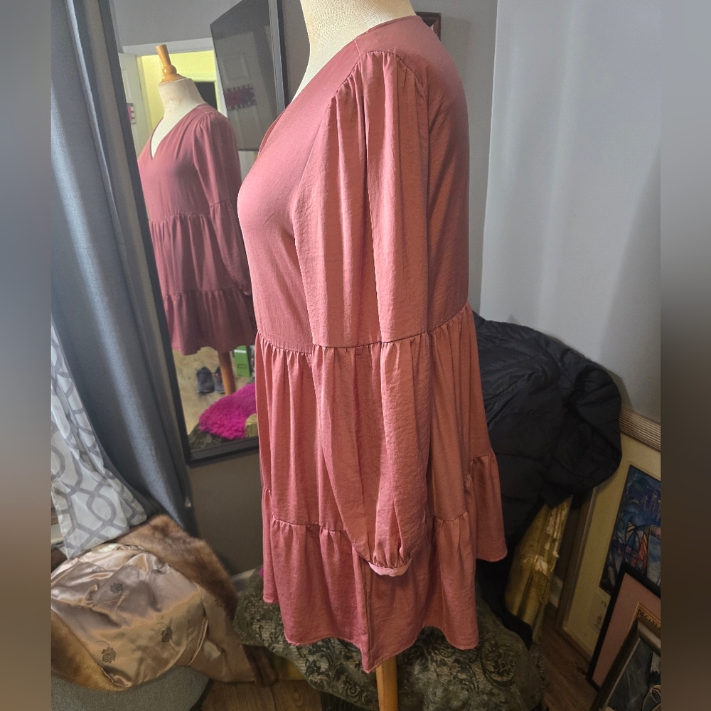 Cynthia Rowley Boho Dusty Rose Tiered V-Neck Long-Sleeve Dress - Picture 2 of 7
